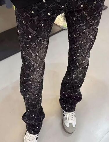 FCOOLYEET Mens Slim Fit Stacked Rhinestone Jeans Destroyed Straight Denim Pants Black Ripped Jeans for Men in Kuwait