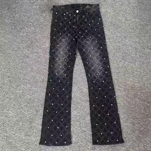FCOOLYEET Mens Slim Fit Stacked Rhinestone Jeans Destroyed Straight Denim Pants Black Ripped Jeans for Men in Kuwait