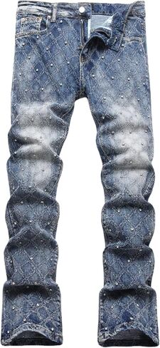 FCOOLYEET Mens Slim Fit Stacked Rhinestone Jeans Destroyed Straight Denim Pants Black Ripped Jeans for Men in Kuwait
