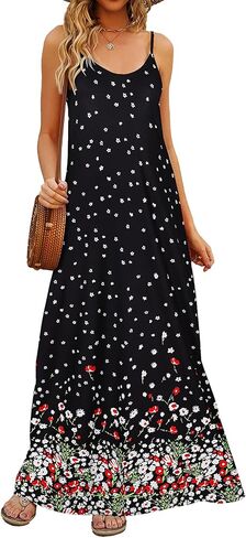 Supnier Women's Summer Maxi Dress Casual V-Neck Sleeveless Bohemian Spaghetti Strap Floral Long Maxi Dress with Pockets in Kuwait