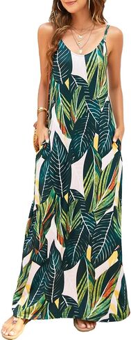 Supnier Women's Summer Spaghetti Strap V-Neck Bohemian Long Maxi Dress | Casual Loose Sleeveless Flowy Floral Long Maxi Dress with Pockets Beach Vacation Sundress in Saudi Arabia