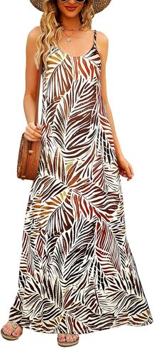 Supnier Women's Summer Spaghetti Strap V-Neck Bohemian Long Maxi Dress | Casual Loose Sleeveless Flowy Floral Long Maxi Dress with Pockets Beach Vacation Sundress in Saudi Arabia