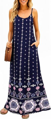 Supnier Women's Summer Spaghetti Strap V-Neck Bohemian Long Maxi Dress | Casual Loose Sleeveless Flowy Floral Long Maxi Dress with Pockets Beach Vacation Sundress in Saudi Arabia