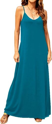 Supnier Women's Summer Spaghetti Strap V-Neck Bohemian Long Maxi Dress | Casual Loose Sleeveless Flowy Floral Long Maxi Dress with Pockets Beach Vacation Sundress in Saudi Arabia