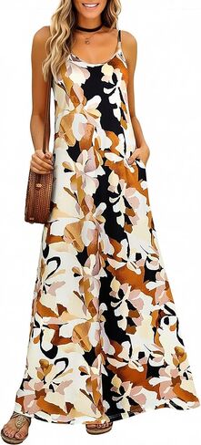 Supnier Women's Summer Spaghetti Strap V-Neck Bohemian Long Maxi Dress | Casual Loose Sleeveless Flowy Floral Long Maxi Dress with Pockets Beach Vacation Sundress in Saudi Arabia