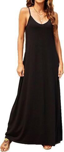 Supnier Women's Summer Spaghetti Strap V-Neck Bohemian Long Maxi Dress | Casual Loose Sleeveless Flowy Floral Long Maxi Dress with Pockets Beach Vacation Sundress in Saudi Arabia