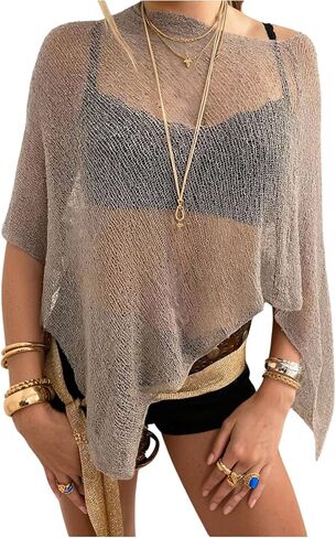 GORGLITTER Women's Sheer Poncho Top Crochet Cover Up See Through Lightweight Shawl Shrug Summer Beach Outfits in Saudi Arabia
