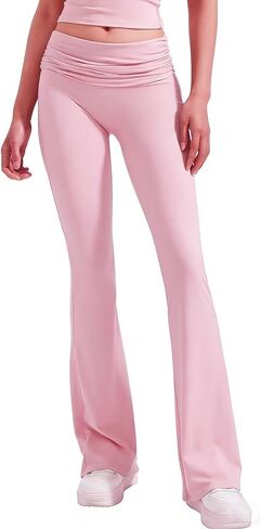 سروال يوغا واسع الخصر مكشكش للنساء، بنطال صالة كاجوال ناعم قابل للتمدد مع أرجل واسعة in Kuwait