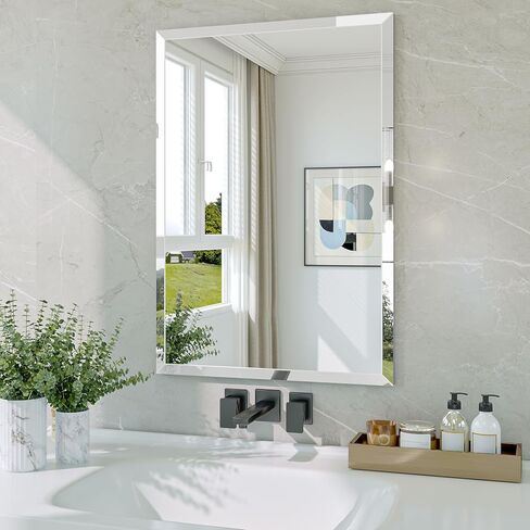 Frameless Bathroom Mirror, 18" x 26" Rectangle Beveled Wall Mirror, Modern Decorative Vanity Mirrors for Living Room, Entryway, Bedroom, Hangs Horizontally or Vertically in Saudi Arabia