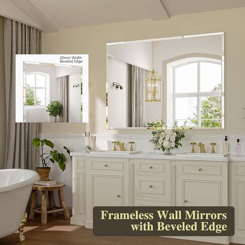 Frameless Bathroom Mirror, 18" x 26" Rectangle Beveled Wall Mirror, Modern Decorative Vanity Mirrors for Living Room, Entryway, Bedroom, Hangs Horizontally or Vertically in Saudi Arabia
