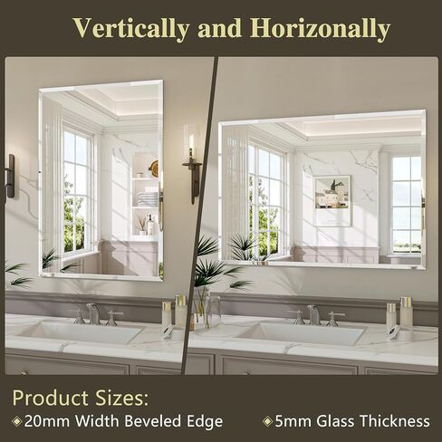 Frameless Bathroom Mirror, 18" x 26" Rectangle Beveled Wall Mirror, Modern Decorative Vanity Mirrors for Living Room, Entryway, Bedroom, Hangs Horizontally or Vertically in Saudi Arabia