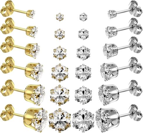 6 Pairs Stainless Steel Stud Earrings Set, Silver 14K Gold Plated 316L Stainless Steel Hypoallergenic Cubic Zirconia CZ Earring for Women Men 3-8mm in Saudi Arabia
