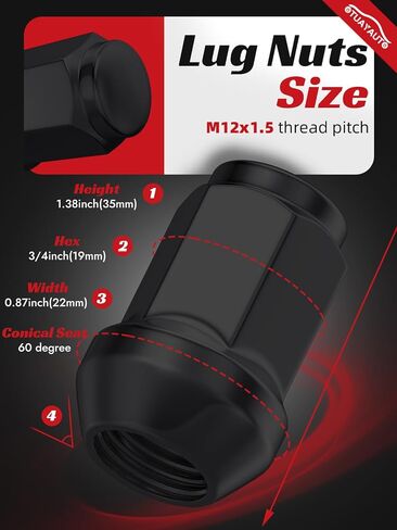 OTUAYAUTO M12x1.5 صواميل العروة - 20 قطعة سوداء 12 مم × 1.5 نهاية مغلقة منتفخة الجوزة العروة مجموعة، 12x1.5 صواميل العروة، مقعد مخروطي، 19 مم سداسي، بديل لعجلات ما بعد البيع تشيفي فورد هوندا أكورا in Kuwait