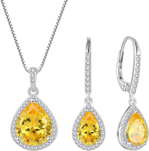 FJ Teardrop Jewelry Set for Women 925 Sterling Silver Citrine Necklace and Earrings Set Pear Cut November Birthstone Jewelry Gifts in Saudi Arabia