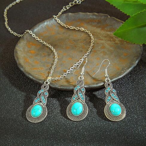 Boho Turquoise Emerald Jewelry Set - Dangle Drop Earrings & Necklace | Western Irish Style for Women | Perfect for St. Patrick's Day & Everyday Wear in Saudi Arabia