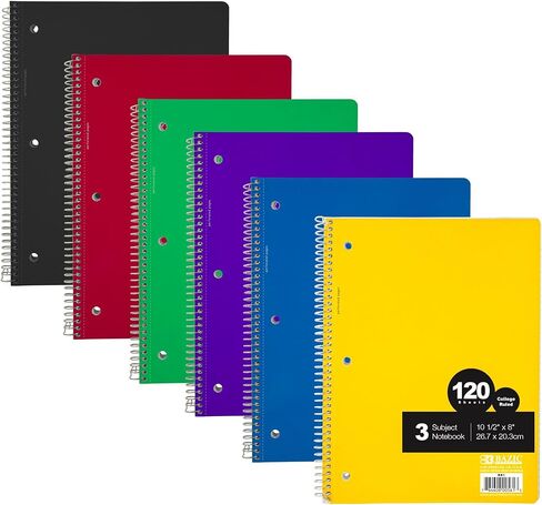 BAZIC Products C/R 120 Ct. 3-Subject Spiral Notebook, Purple/Green/Pink/Blue in Saudi Arabia