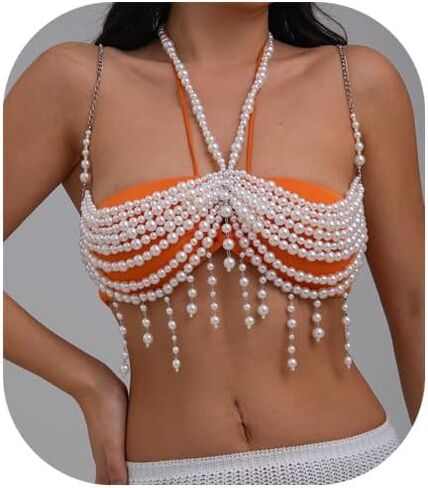 Wedding Bridal Multi-layered Pearl Tassel Bra Body Chain Jewelry Summer Beach Beaded Harness Chest Chain Festival Rave Pearl Bralette Body Jewelry for Women in Saudi Arabia
