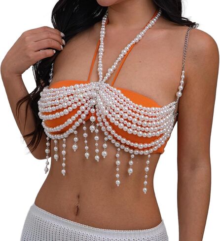 Wedding Bridal Multi-layered Pearl Tassel Bra Body Chain Jewelry Summer Beach Beaded Harness Chest Chain Festival Rave Pearl Bralette Body Jewelry for Women in Saudi Arabia