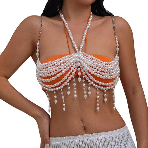 Wedding Bridal Multi-layered Pearl Tassel Bra Body Chain Jewelry Summer Beach Beaded Harness Chest Chain Festival Rave Pearl Bralette Body Jewelry for Women in Saudi Arabia