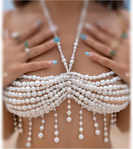 Wedding Bridal Multi-layered Pearl Tassel Bra Body Chain Jewelry Summer Beach Beaded Harness Chest Chain Festival Rave Pearl Bralette Body Jewelry for Women in Saudi Arabia