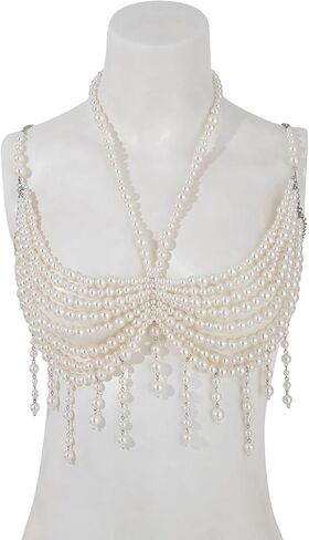 Wedding Bridal Multi-layered Pearl Tassel Bra Body Chain Jewelry Summer Beach Beaded Harness Chest Chain Festival Rave Pearl Bralette Body Jewelry for Women in Saudi Arabia