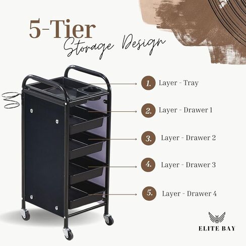 ELITE BAY-Multi Tier Hairdressing Trolley- Metal Salon Rolling Cart Organizer.Durable Beauty Storage Unit with Wheels.Multi-Tier Tray System for Hair Tools, Makeup & Spa Essentials.Black & Gold Finish in Saudi Arabia