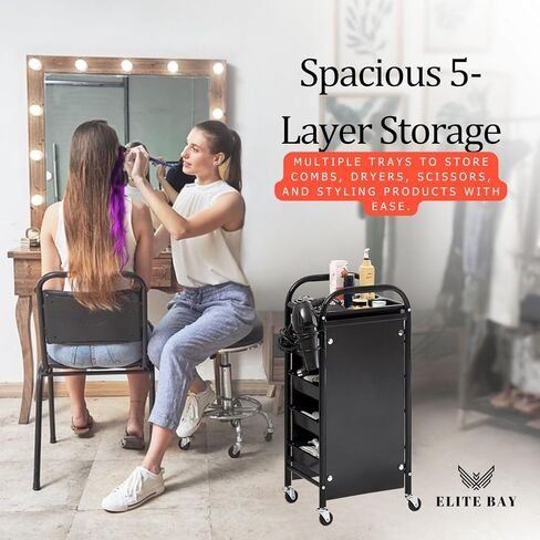 ELITE BAY-Multi Tier Hairdressing Trolley- Metal Salon Rolling Cart Organizer.Durable Beauty Storage Unit with Wheels.Multi-Tier Tray System for Hair Tools, Makeup & Spa Essentials.Black & Gold Finish in Saudi Arabia