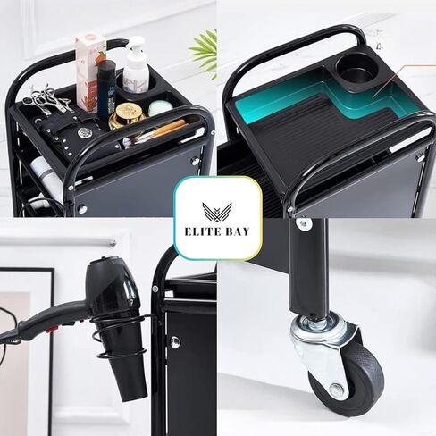 ELITE BAY-Multi Tier Hairdressing Trolley- Metal Salon Rolling Cart Organizer.Durable Beauty Storage Unit with Wheels.Multi-Tier Tray System for Hair Tools, Makeup & Spa Essentials.Black & Gold Finish in Saudi Arabia