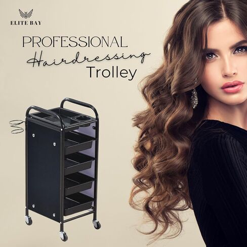 ELITE BAY-Multi Tier Hairdressing Trolley- Metal Salon Rolling Cart Organizer.Durable Beauty Storage Unit with Wheels.Multi-Tier Tray System for Hair Tools, Makeup & Spa Essentials.Black & Gold Finish in Saudi Arabia