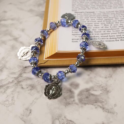 Needzo Roses of Mary Devotional Bracelet, Blue Glass Beads with Metal Rose Charms, Catholic Jewelry Gift for Women, 7.25 Inches in Saudi Arabia