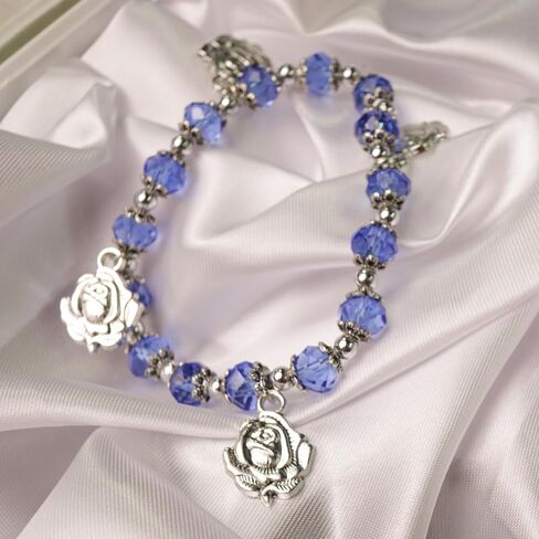 Needzo Roses of Mary Devotional Bracelet, Blue Glass Beads with Metal Rose Charms, Catholic Jewelry Gift for Women, 7.25 Inches in Saudi Arabia