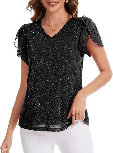 Womens Glitter Tops Short Sleeve Dressy V Neck Sparkly Casual Double Layers Shirts in Saudi Arabia