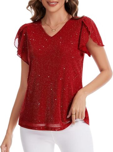 Womens Glitter Tops Short Sleeve Dressy V Neck Sparkly Casual Double Layers Shirts in Saudi Arabia