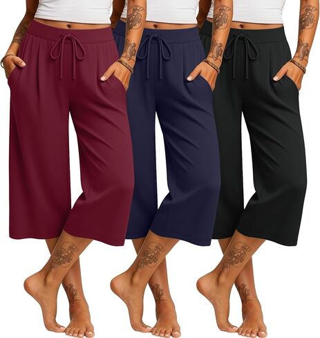 3 Pack Women's Capri Pants Casual Wide Leg Yoga Pants High Waist Drawstring Cropped Lounge Sweatpants with Pockets in Saudi Arabia