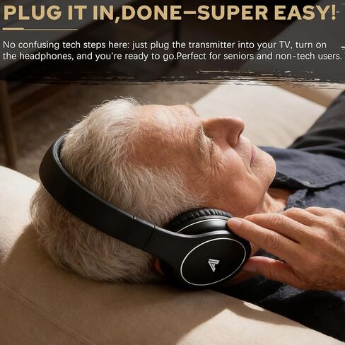 سماعات رأس لاسلكية لمشاهدة التلفزيون، سماعات رأس قابلة للطي فوق الأذن مع جهاز إرسال RF بتردد 2.4 جيجا هرتز يدعم RCA AUX البصري، بدون تأخير صوت، نطاق لاسلكي 100 قدم (أسود) in Kuwait
