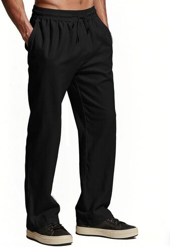 Men's Linen Pants Casual Lightweight Drawstring Elastic Waist Pants with Pockets in Saudi Arabia