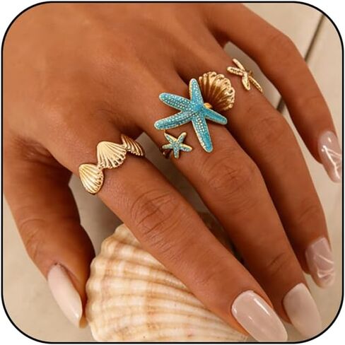 مجموعة خواتم المحيط للنساء، 14 قيراط مطلية بالذهب عيار 14 قيراط على شكل نجمة البحر بمينا زرقاء من الفولاذ المقاوم للصدأ حلقات مفتوحة أنيقة وعصرية للصيف والشاطئ هدايا مجوهرات in Kuwait