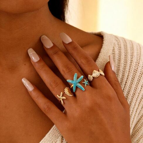 مجموعة خواتم المحيط للنساء، 14 قيراط مطلية بالذهب عيار 14 قيراط على شكل نجمة البحر بمينا زرقاء من الفولاذ المقاوم للصدأ حلقات مفتوحة أنيقة وعصرية للصيف والشاطئ هدايا مجوهرات in Kuwait