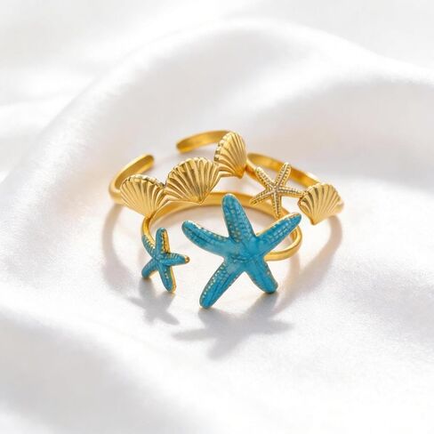 مجموعة خواتم المحيط للنساء، 14 قيراط مطلية بالذهب عيار 14 قيراط على شكل نجمة البحر بمينا زرقاء من الفولاذ المقاوم للصدأ حلقات مفتوحة أنيقة وعصرية للصيف والشاطئ هدايا مجوهرات in Kuwait
