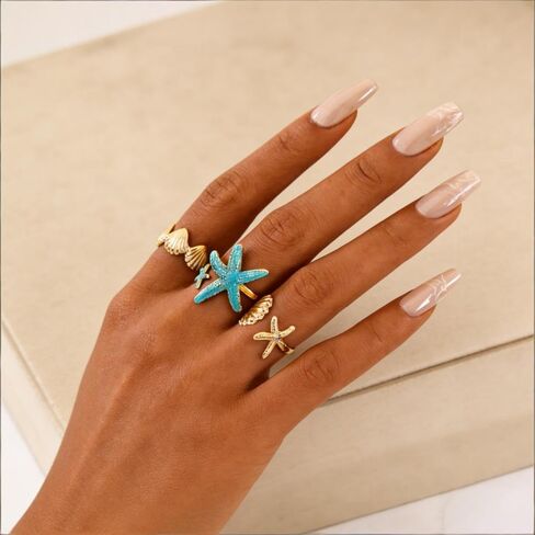 مجموعة خواتم المحيط للنساء، 14 قيراط مطلية بالذهب عيار 14 قيراط على شكل نجمة البحر بمينا زرقاء من الفولاذ المقاوم للصدأ حلقات مفتوحة أنيقة وعصرية للصيف والشاطئ هدايا مجوهرات in Kuwait
