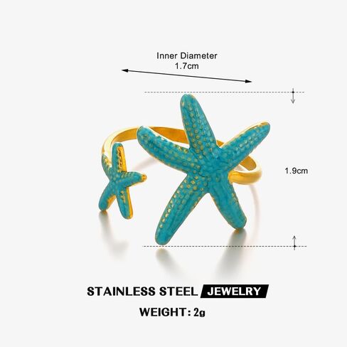 مجموعة خواتم المحيط للنساء، 14 قيراط مطلية بالذهب عيار 14 قيراط على شكل نجمة البحر بمينا زرقاء من الفولاذ المقاوم للصدأ حلقات مفتوحة أنيقة وعصرية للصيف والشاطئ هدايا مجوهرات in Kuwait