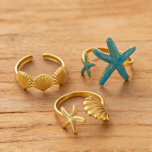 مجموعة خواتم المحيط للنساء، 14 قيراط مطلية بالذهب عيار 14 قيراط على شكل نجمة البحر بمينا زرقاء من الفولاذ المقاوم للصدأ حلقات مفتوحة أنيقة وعصرية للصيف والشاطئ هدايا مجوهرات in Kuwait