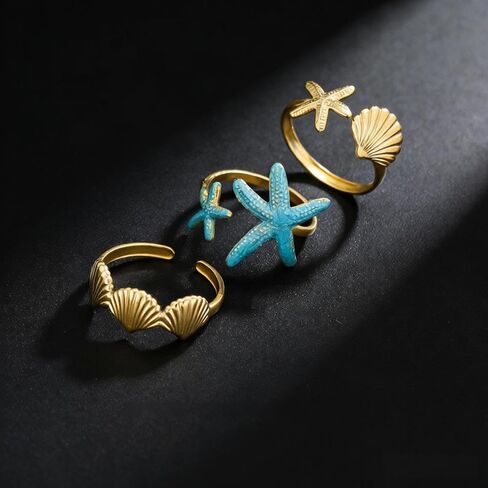 مجموعة خواتم المحيط للنساء، 14 قيراط مطلية بالذهب عيار 14 قيراط على شكل نجمة البحر بمينا زرقاء من الفولاذ المقاوم للصدأ حلقات مفتوحة أنيقة وعصرية للصيف والشاطئ هدايا مجوهرات in Kuwait