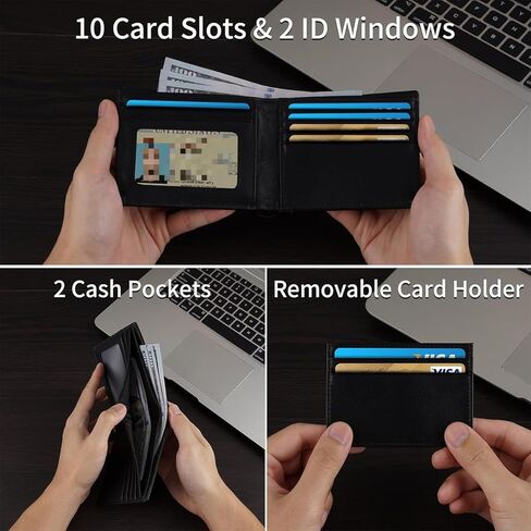 محفظة جلدية أصلية للرجال RFID حجب رفيع ثنائي الطي سعة كبيرة 13 فتحة للبطاقات و1 نافذة لبطاقة الهوية وجيب أمامي هدية (أسود-02) in Kuwait