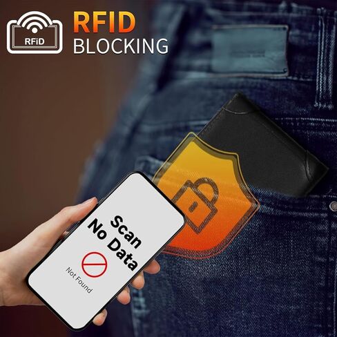 محفظة جلدية أصلية للرجال RFID حجب رفيع ثنائي الطي سعة كبيرة 13 فتحة للبطاقات و1 نافذة لبطاقة الهوية وجيب أمامي هدية (أسود-02) in Kuwait