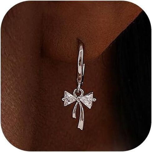 Dangle Bow Earrings For Women 14k Gold Plated Huggie Hoop Silver Dangling CZ Drop Small Cute Ribbon Dainty Trendy Christmas Gifts Jewelry in Saudi Arabia