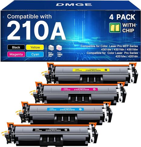 4 خراطيش حبر 210A (مع شريحة) - بديلة لطابعة HP 210A 210X، تعمل مع طابعة HP Color LaserJet Pro MFP 4301fdw اللاسلكية، MFP Pro 4301fdn 4201dw 4201dn 4301 4201 Series Printer | W2100A in Kuwait