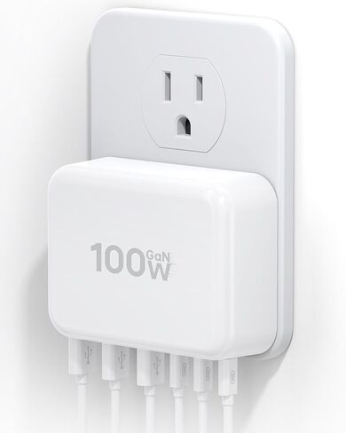 كتلة شاحن حائط USB C بقوة 100 وات، محول قابس شاحن USB C سريع 6 منافذ مع PD USB-C + QC USB A متعدد المنافذ من النوع C محور محطة شحن مكعب لآيفون 15 14 13 12 11 Pro Max XR XS 8 7، سامسونج in Kuwait