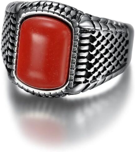 Vintage Polished Red Coral Gem Men's for Rings Titanium Steel Jewelry Size 7-15 in Saudi Arabia