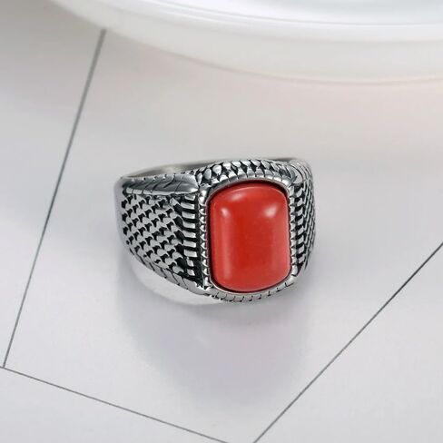 Vintage Polished Red Coral Gem Men's for Rings Titanium Steel Jewelry Size 7-15 in Saudi Arabia